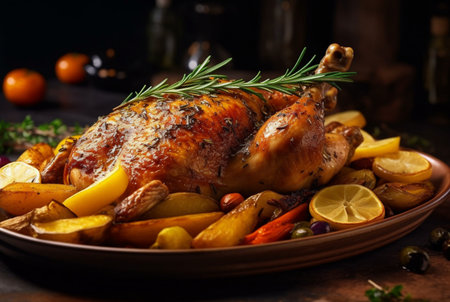 Delicious grilled chicken with various vegetables ready to eat. generative aiの素材
