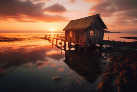 beautiful view of the hut on the beach with sunset in the evening. generative aiの素材