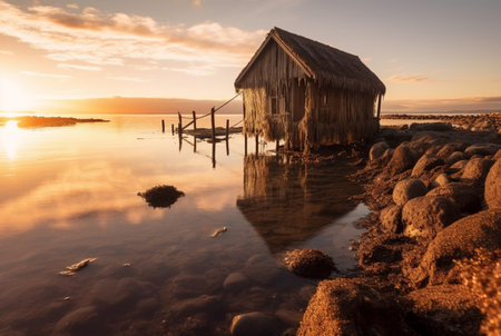 beautiful view of the hut on the beach with sunset in the evening. generative aiの素材