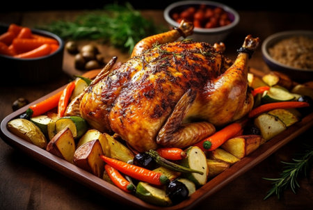 Delicious grilled chicken with various vegetables ready to eat. generative aiの素材