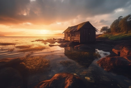 beautiful view of the hut on the beach with sunset in the evening. generative aiの素材