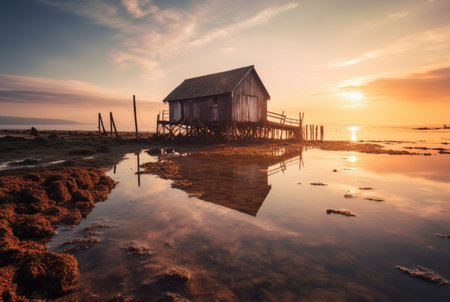 beautiful view of the hut on the beach with sunset in the evening. generative aiの素材