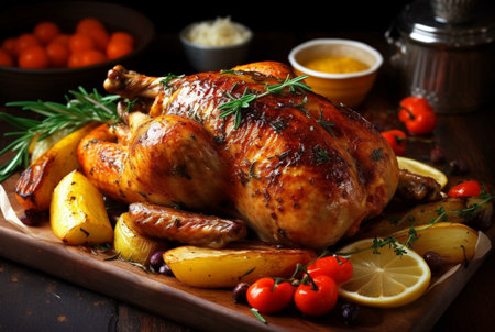 Delicious grilled chicken with various vegetables ready to eat. generative aiの素材