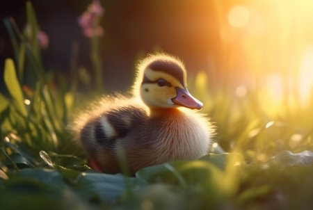 cute ducklings in the garden with blurred background and sunlight. generative aiの素材