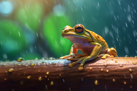 javanese tree frog sitting on a branch with beautiful blurred background and raindrops. generative aiの素材