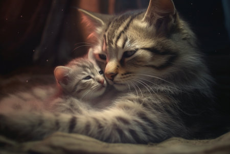 closeup of kitten with cute mother cat. generative aiの素材