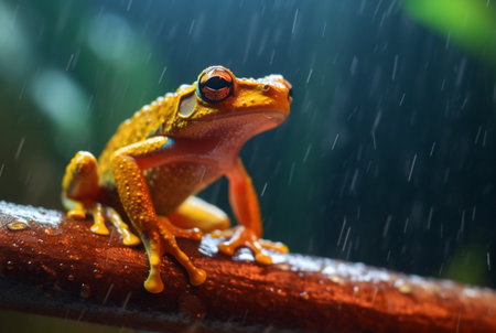javanese tree frog sitting on a branch with beautiful blurred background and raindrops. generative aiの素材