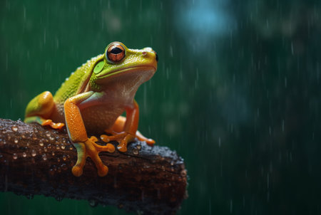 javanese tree frog sitting on a branch with beautiful blurred background and raindrops. generative aiの素材