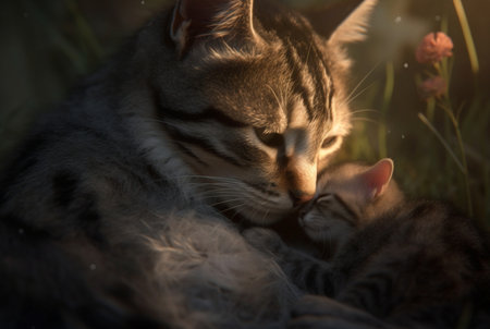 closeup of kitten with cute mother cat. generative aiの素材