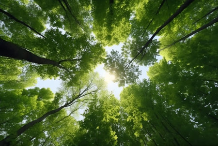 Looking up at the green tops of trees. generative aiの素材