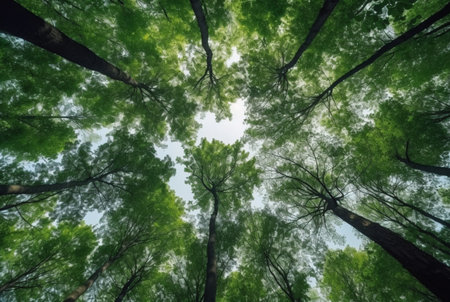 Looking up at the green tops of trees. generative aiの素材