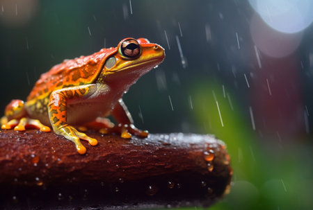 javanese tree frog sitting on a branch with beautiful blurred background and raindrops. generative aiの素材