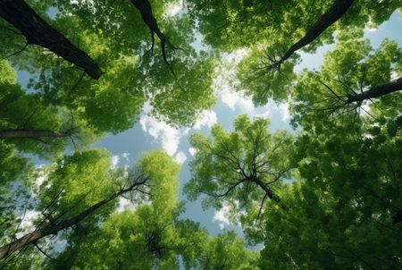 Looking up at the green tops of trees. generative aiの素材