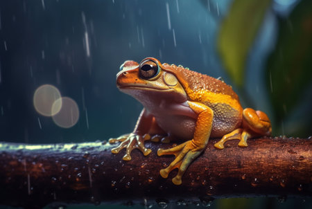 javanese tree frog sitting on a branch with beautiful blurred background and raindrops. generative aiの素材