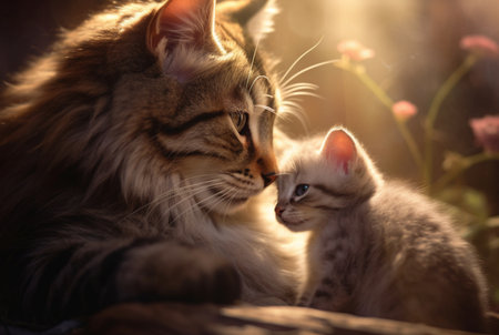 closeup of kitten with cute mother cat. generative aiの素材