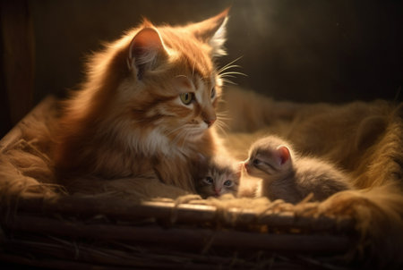 closeup of kitten with cute mother cat. generative aiの素材