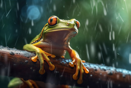 javanese tree frog sitting on a branch with beautiful blurred background and raindrops. generative aiの素材