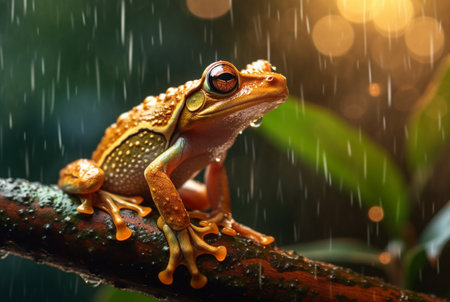 javanese tree frog sitting on a branch with beautiful blurred background and raindrops. generative aiの素材