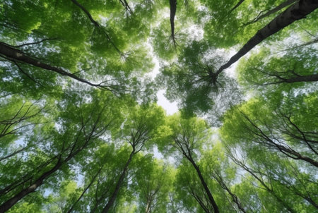 Looking up at the green tops of trees. generative aiの素材