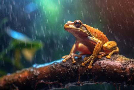 javanese tree frog sitting on a branch with beautiful blurred background and raindrops. generative aiの素材