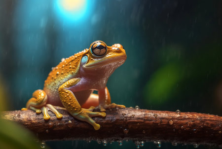 javanese tree frog sitting on a branch with beautiful blurred background and raindrops. generative aiの素材