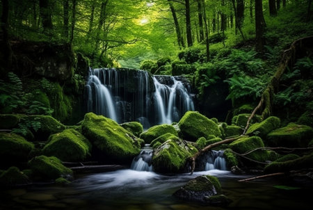 beautiful waterfall in the green forest. generative aiの素材