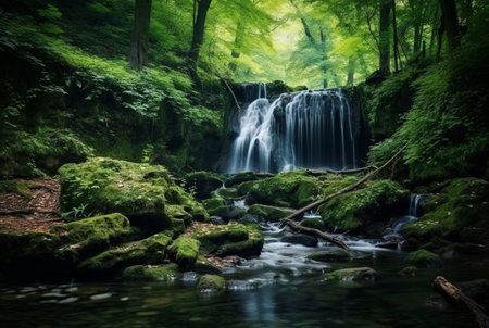 beautiful waterfall in the green forest. generative aiの素材
