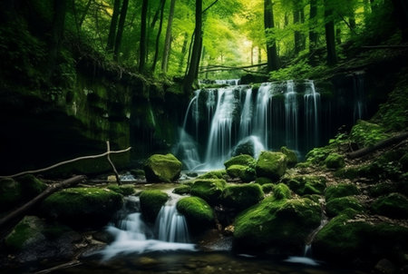 beautiful waterfall in the green forest. generative aiの素材
