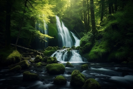 beautiful waterfall in the green forest. generative aiの素材