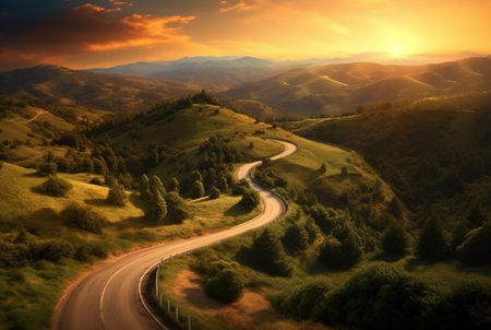 winding road in the hills with a beautiful view of the sun in the evening. generative aiの素材