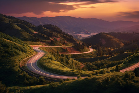 winding road in the hills with a beautiful view of the sun in the evening. generative aiの素材