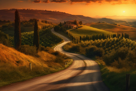 winding road in the hills with a beautiful view of the sun in the evening. generative aiの素材