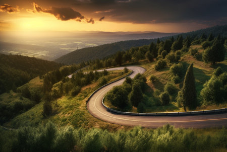 winding road in the hills with a beautiful view of the sun in the evening. generative aiの素材