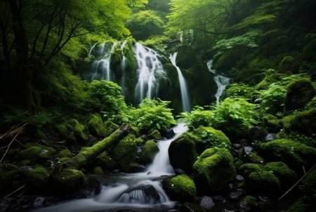 beautiful waterfall in the green forest. generative aiの素材