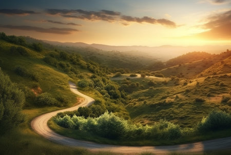 winding road in the hills with a beautiful view of the sun in the evening. generative aiの素材