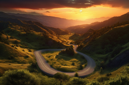 winding road in the hills with a beautiful view of the sun in the evening. generative aiの素材