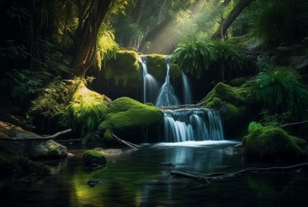 beautiful waterfall in the green forest. generative aiの素材