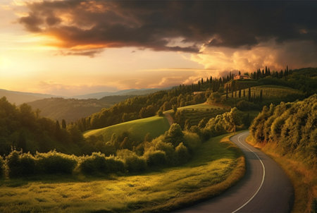 winding road in the hills with a beautiful view of the sun in the evening. generative aiの素材
