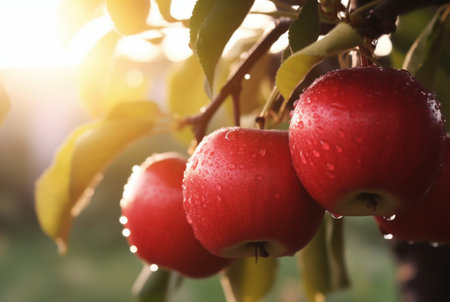 closeup of fresh red apples on a tree with bokeh and sunlight in the background. generative aiの素材