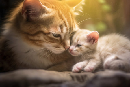 closeup of kitten with cute mother cat. generative aiの素材