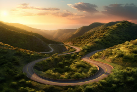 winding road in the hills with a beautiful view of the sun in the evening. generative aiの素材
