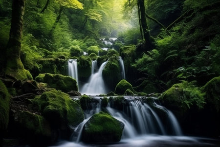 beautiful waterfall in the green forest. generative aiの素材