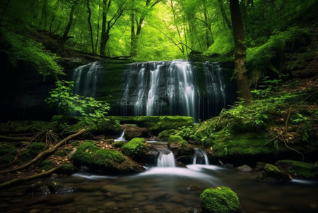 beautiful waterfall in the green forest. generative aiの素材