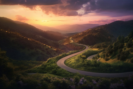 winding road in the hills with a beautiful view of the sun in the evening. generative aiの素材