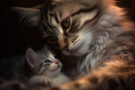 closeup of kitten with cute mother cat. generative aiの素材