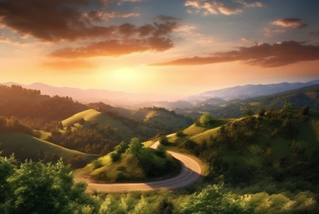 winding road in the hills with a beautiful view of the sun in the evening. generative aiの素材