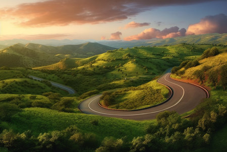 winding road in the hills with a beautiful view of the sun in the evening. generative aiの素材