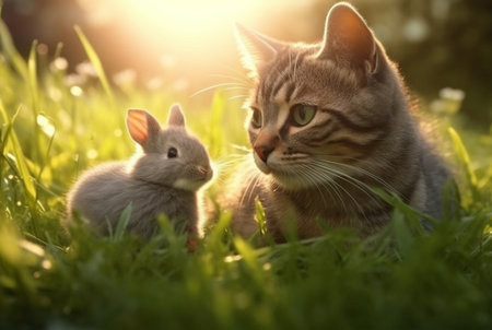 cute cat with cute bunny playing on the green grass of the garden with blurred background and sunlight. generative aiの素材