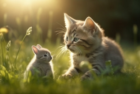 cute cat with cute bunny playing on the green grass of the garden with blurred background and sunlight. generative aiの素材