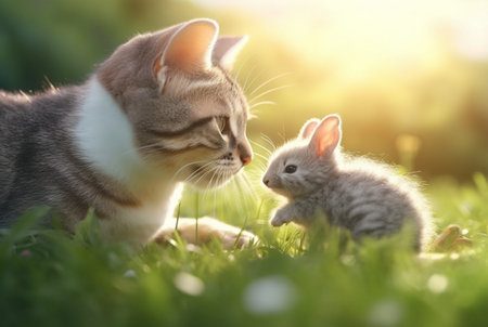 cute cat with cute bunny playing on the green grass of the garden with blurred background and sunlight. generative aiの素材